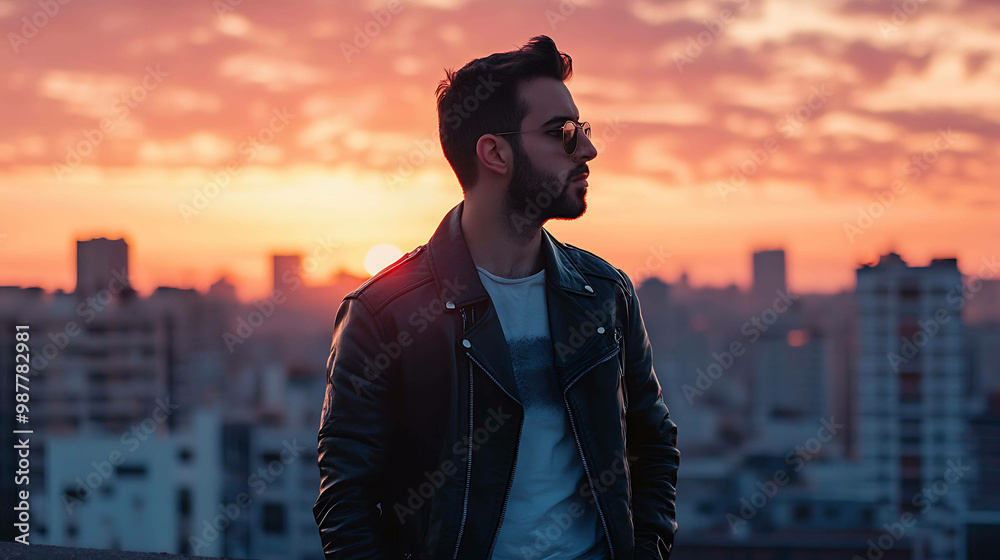 Fototapeta premium A young man in a leather jacket and sunglasses stands on a rooftop, looking out at a city skyline during sunset.