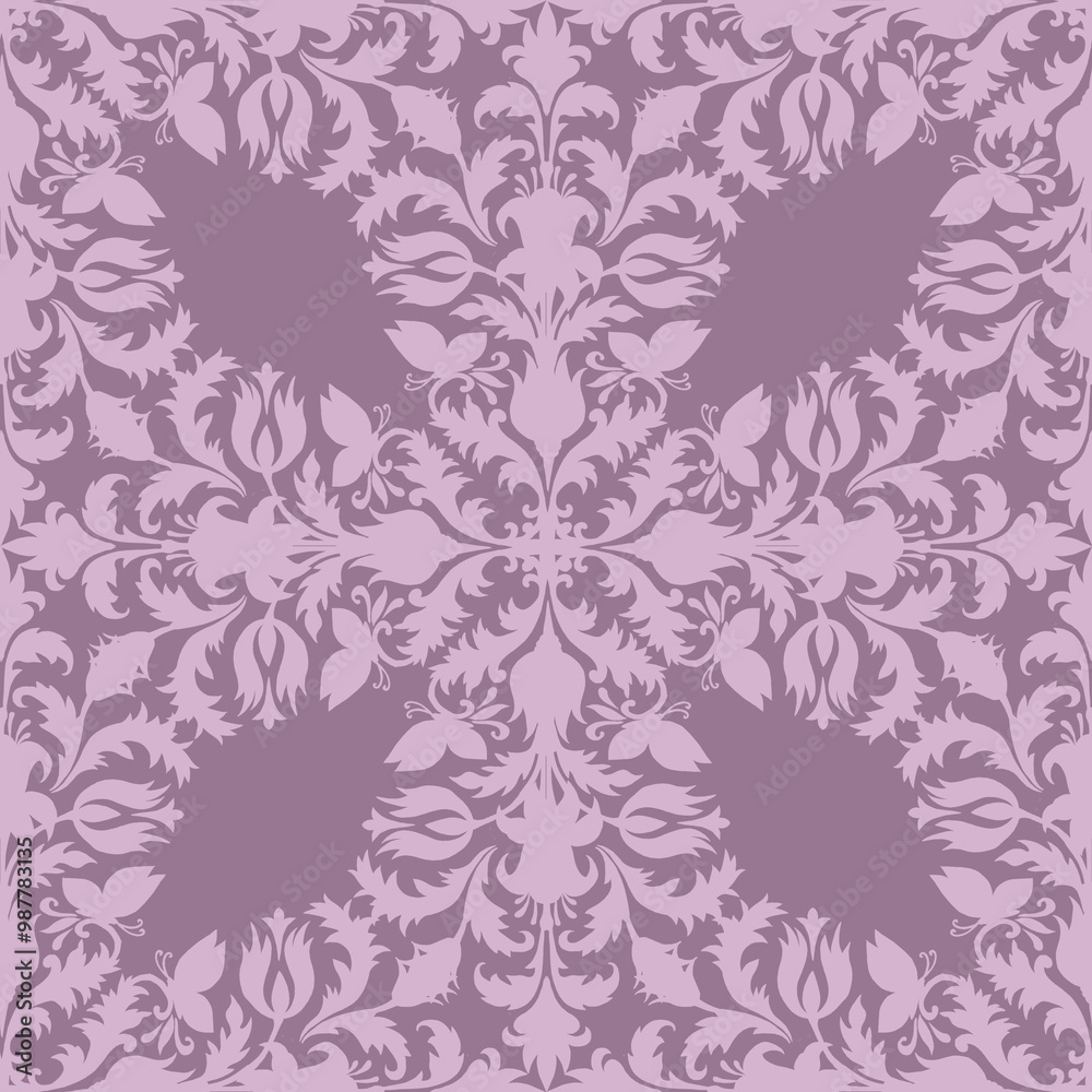 Seamless pattern of flowers on a gray-pink background. Geometric floral ornament for packaging, textiles, wallpaper and interior decor.