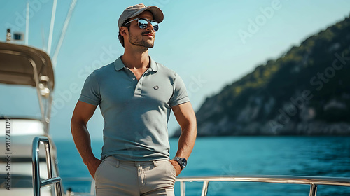 Man in a blue polo shirt and sunglasses stands on a boat deck looking out at the ocean.