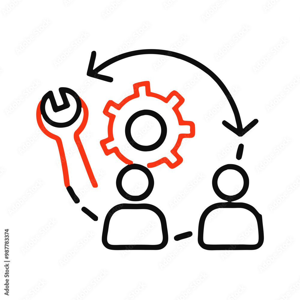 Service process illustration featuring gear and teamwork in simple line design Service process illustration featuring gear and teamwork in simple line design
