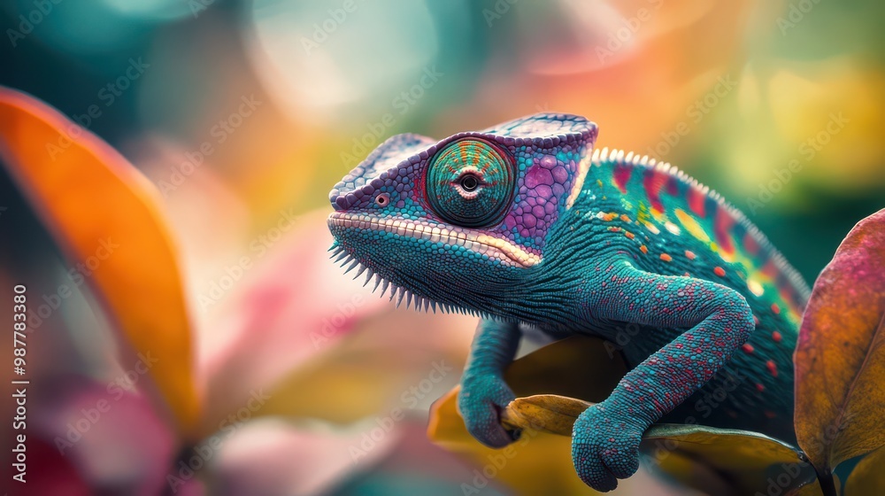 Colorful Chameleon Among Vibrant Leaves