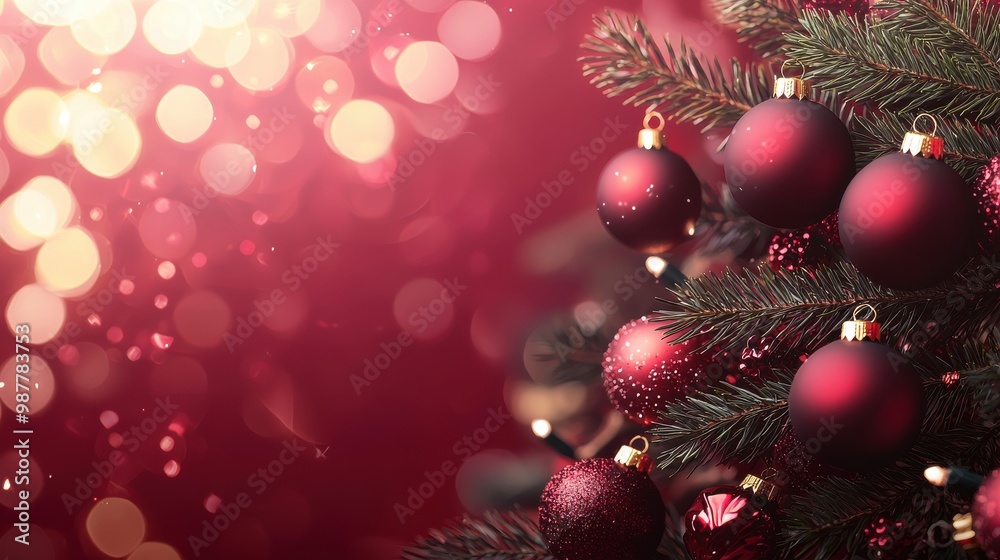 Christmas Ornaments with Bokeh on Red Background Christmas Ornaments with Bokeh on Red Background