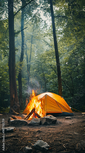 Tourists camping with a tent near a fire in the forest under the starry sky