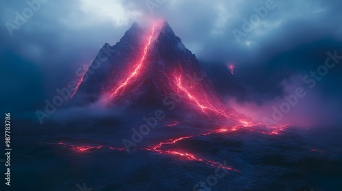 Dark mountain peaks glowing with bright neon auroras in design picture