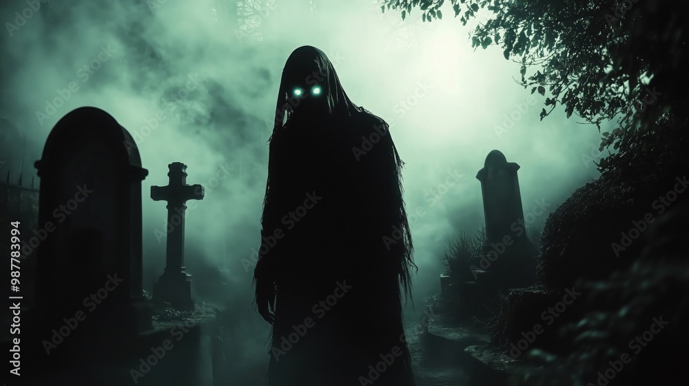 spooky graveyard scene with fog and eerie silhouettes at dusk spooky graveyard scene with fog and eerie silhouettes at dusk