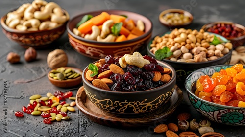 Snacks nuts and dried fruits in various dishes