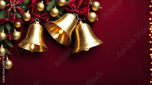 A festive arrangement of golden bells, ribbons, and ornaments on a rich red background.