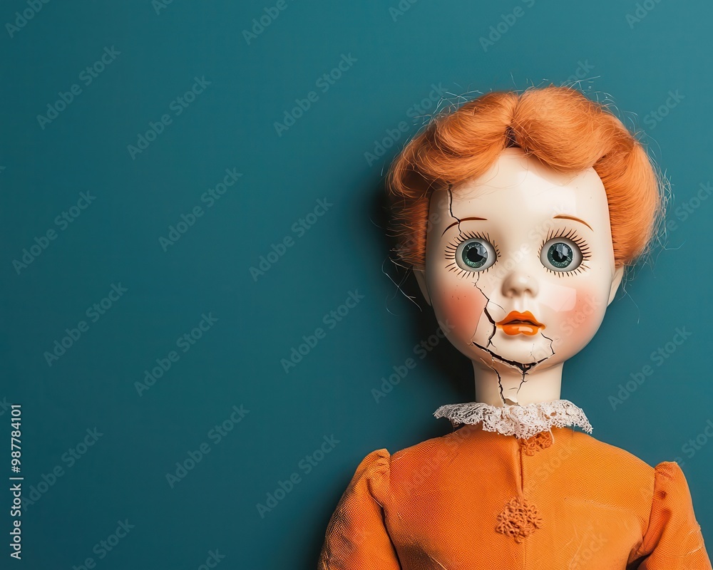 A cracked porcelain doll with glass eyes, a haunting reminder of past childhoods A cracked porcelain doll with glass eyes, a haunting reminder of past childhoods