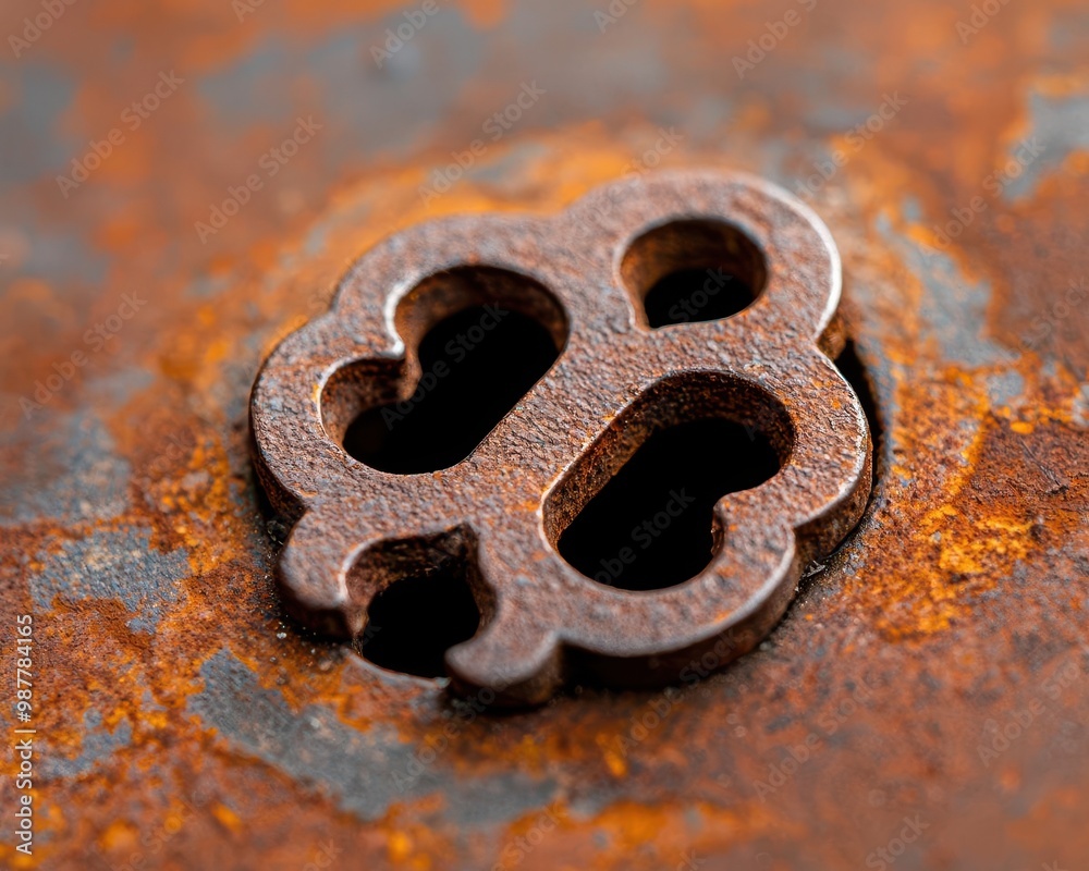 A rusted iron lock with an intricate design, missing its key, a mystery from the past A rusted iron lock with an intricate design, missing its key, a mystery from the past