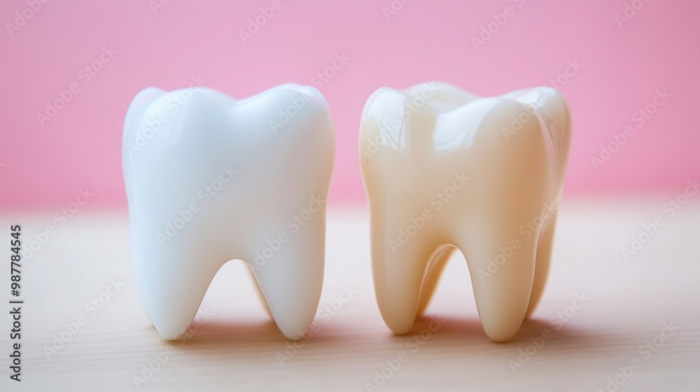 two teeth model on pink background showing before and after dental treatment with yellow and white teeth comparison two teeth model on pink background showing before and after dental treatment with yellow and white teeth comparison
