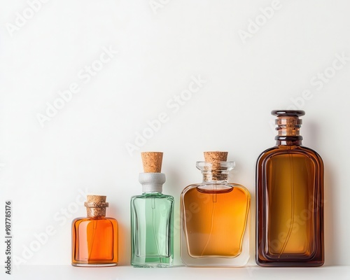 A collection of vintage perfume bottles with ornate stoppers, remnants of past elegance