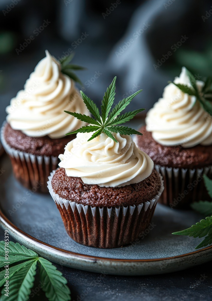 Deliciously decorated chocolate cupcakes topped with creamy frosting and adorned with a cannabis leaf, ideal for food blogs, recipes, or events focused on cannabis-infused culinary creations, Deliciously decorated chocolate cupcakes topped with creamy frosting and adorned with a cannabis leaf, ideal for food blogs, recipes, or events focused on cannabis-infused culinary creations,