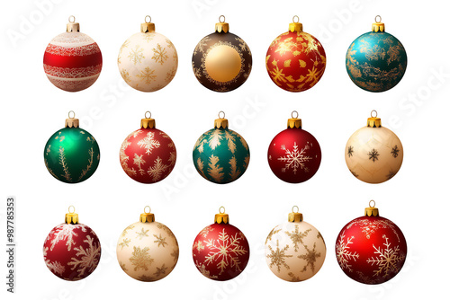 The image shows a festive set of Christmas ornaments, featuring shiny red and gold baubles hanging in a decorative arrangement for holiday celebrations