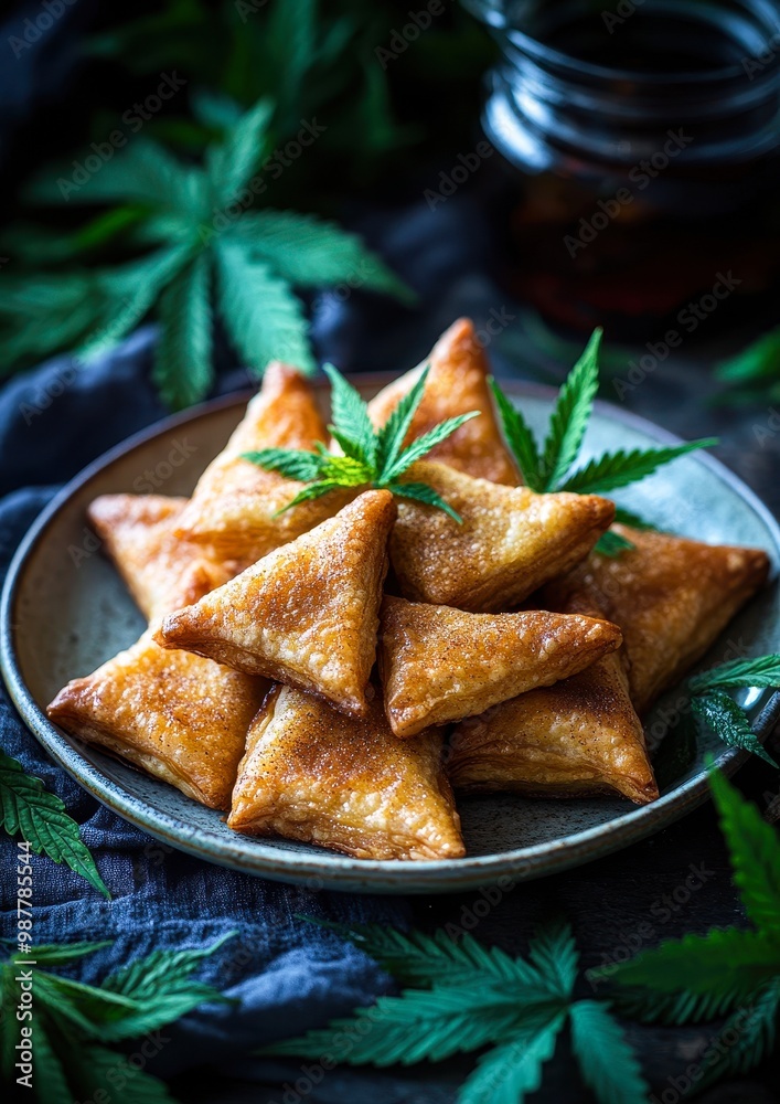 Golden, crispy pastries shaped like triangles are arranged on a plate, accented by fresh green leaves, creating an inviting presentation ideal for food blogs, culinary articles, or recipe collections Golden, crispy pastries shaped like triangles are arranged on a plate, accented by fresh green leaves, creating an inviting presentation ideal for food blogs, culinary articles, or recipe collections