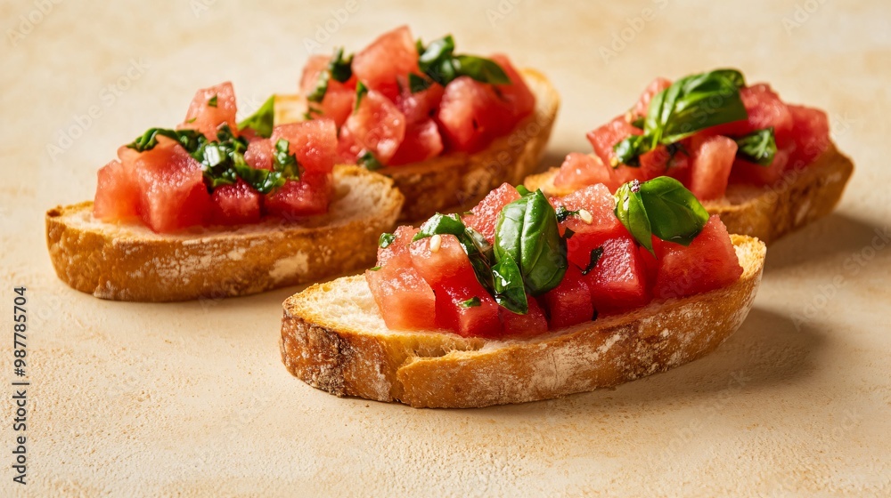 A watermelon and basil bruschetta on toasted baguette slices, isolated on a warm beige background for a rustic, Mediterranean feel