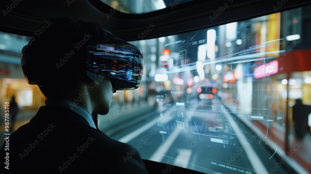 A Man Wearing a VR Headset Observes a Cityscape Reflected in the Lens A Man Wearing a VR Headset Observes a Cityscape Reflected in the Lens