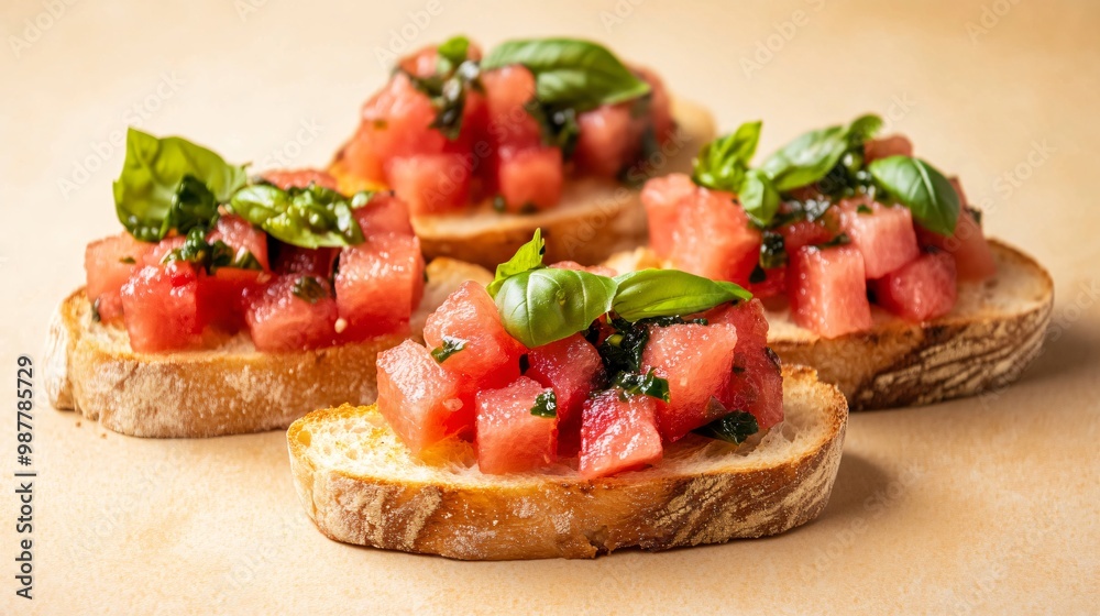 A watermelon and basil bruschetta on toasted baguette slices, isolated on a warm beige background for a rustic, Mediterranean feel A watermelon and basil bruschetta on toasted baguette slices, isolated on a warm beige background for a rustic, Mediterranean feel