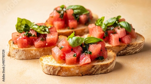 A watermelon and basil bruschetta on toasted baguette slices, isolated on a warm beige background for a rustic, Mediterranean feel