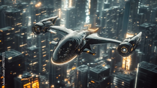 Futuristic Black Aircraft Flying Over a Cityscape