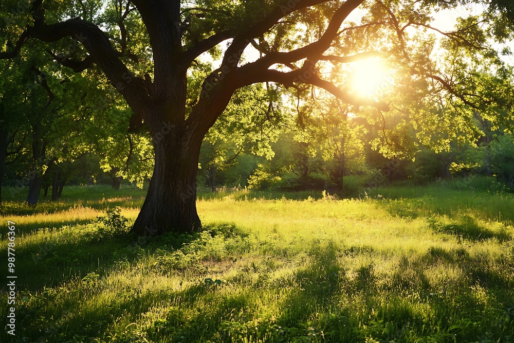 Golden hour sunlight shining through leaves of a large oak tree in a green meadow. Nature, woodland, and summer sunset Golden hour sunlight shining through leaves of a large oak tree in a green meadow. Nature, woodland, and summer sunset