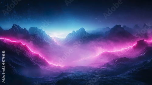 Dark mountain peaks illuminated by bright glowing neon auroras picture photo