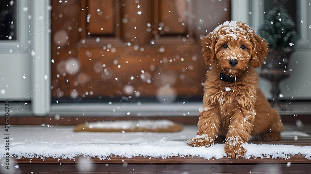 Snowfall falls on the front porch of a young goldendoodle red puppy