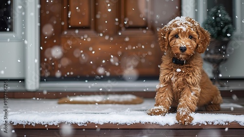 Obraz na płótnie Snowfall falls on the front porch of a young goldendoodle red puppy w salonie