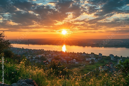 Golden hour sunset over cityscape and river with colorful clouds. Perfect for travel and nature backgrounds