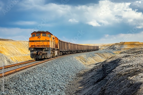 Freight train transporting cargo through a mining area, industrial landscape,  locomotive, rail transport,  freight, logistics,  mining, industry photo