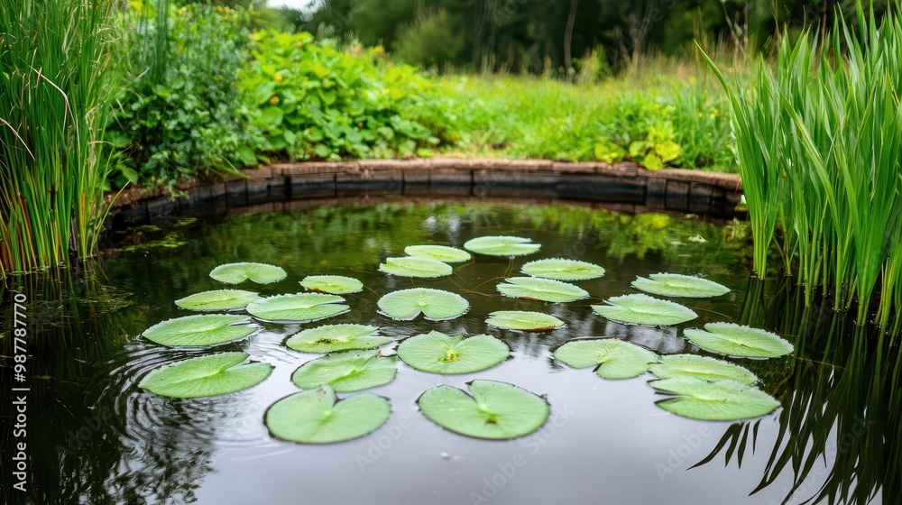 A small, crystal-clear pond surrounded by water lilies and cattails, teeming with life and greenery A small, crystal-clear pond surrounded by water lilies and cattails, teeming with life and greenery