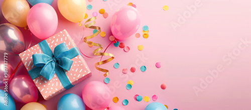 Colorful birthday present and balloons on a pink background and New Year's festival, Generative AI