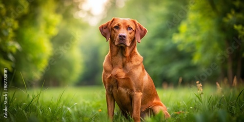 Vibrant Red Labrador Retriever Sitting Proudly Against a Natural Green Background in Bright Sunshine