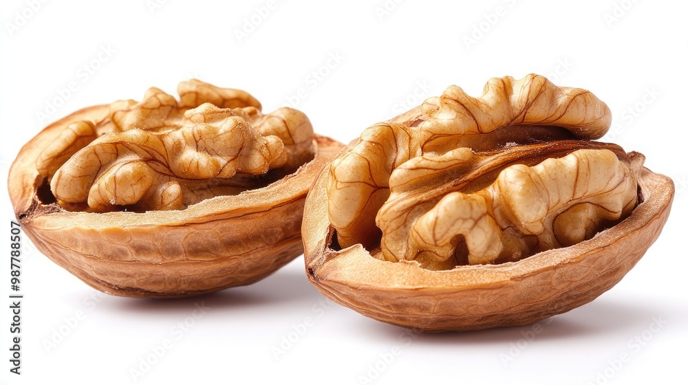 Shelled Walnut Halves with Intricate Texture and Light Brown Color on White Background Shelled Walnut Halves with Intricate Texture and Light Brown Color on White Background