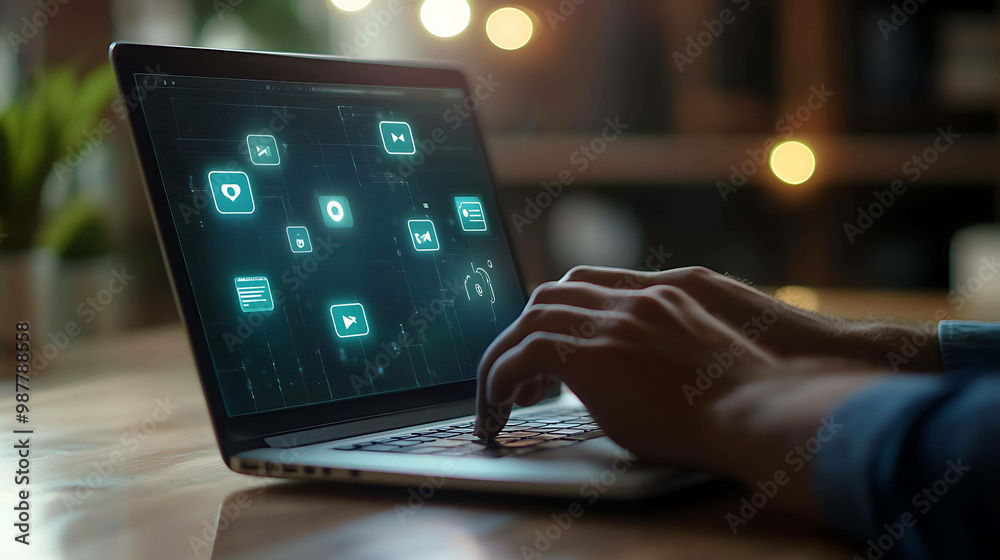 Closeup of a person's hands typing on a laptop with a glowing screen displaying digital icons. Closeup of a person's hands typing on a laptop with a glowing screen displaying digital icons.
