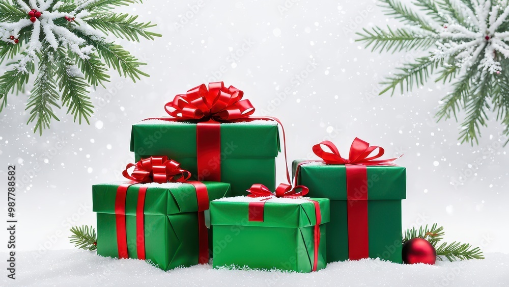 A festive arrangement of green gift boxes with red ribbons amidst a snowy background. A festive arrangement of green gift boxes with red ribbons amidst a snowy background.