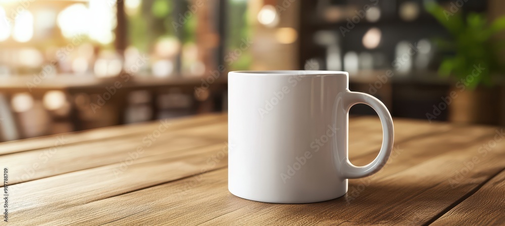 White mug on wooden table in coffee shop White mug on wooden table in coffee shop