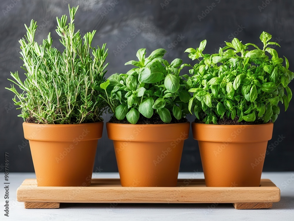 A small indoor herb garden with various herbs planted in labeled pots, fresh and aromatic