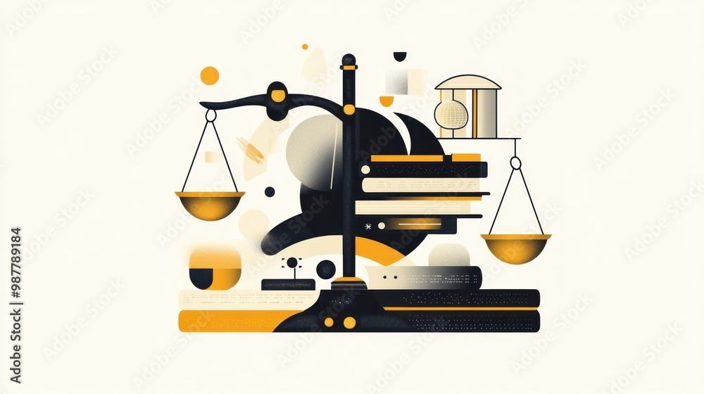 Abstract Illustration of a Scale with Books and Geometric Shapes