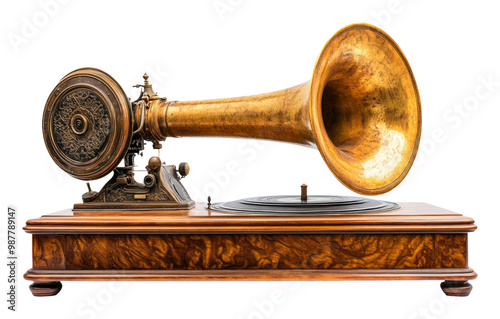 Vintage Phonograph with Brass Horn and Wooden Base photo