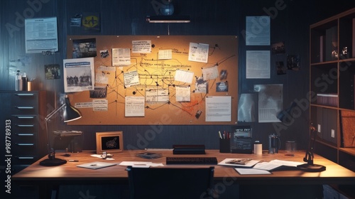 Detective board with clues over desk in police archive, crime scene photos connected on wall and case files in investigation office. Empty incident room with forensic evidence and surveillance. 