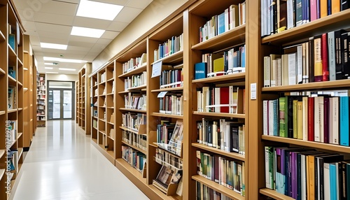 Library shelves filled with textbooks and novels, a haven for knowledge seekers and students immersed in research and education