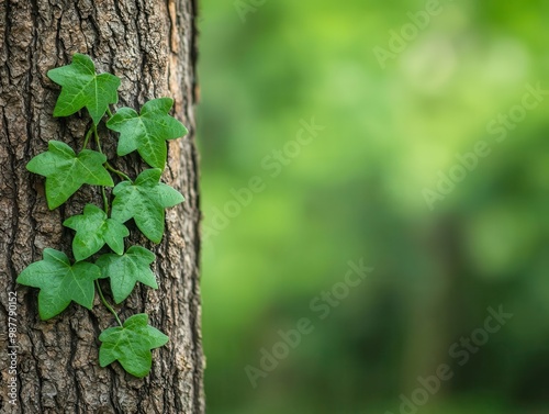 A cluster of wild ivy climbing up the trunk of an old oak tree, adding life and greenery to the bark