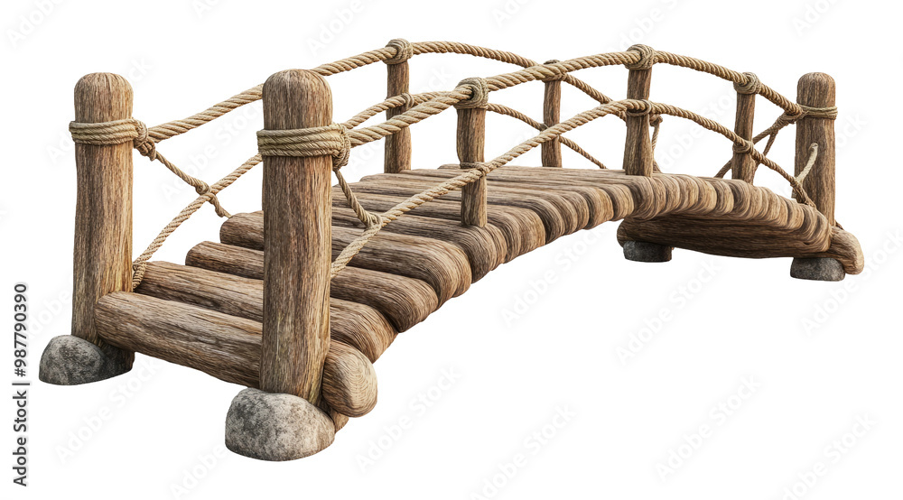 Obraz premium Rustic Wooden Footbridge Over Transparent Background with Rope Railings