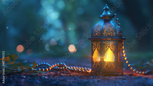 Ramadan kareem glowing traditional lantern. Metal Islamic lantern with misbaha or tasbih. photo