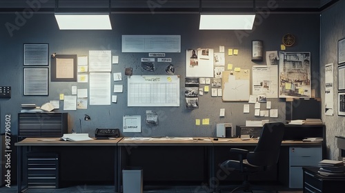 Evidence room office with detective board and desk, crime scene photos and case files on walls. Empty police inspector archive space with crime suspects, witness statements and sticky notes. 