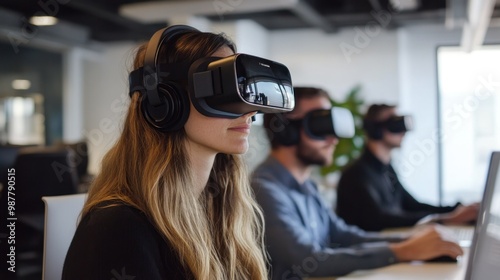 Woman wearing VR headset with two men in the background photo