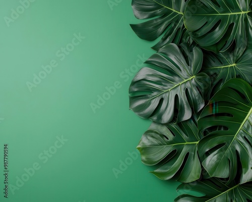 A cluster of lush monstera leaves with dramatic splits, creating a tropical jungle atmosphere