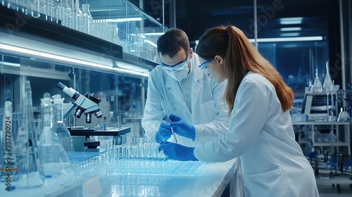 Two scientists in lab coats are collaborating in a high-tech laboratory filled with glassware and equipment, focusing on their research.