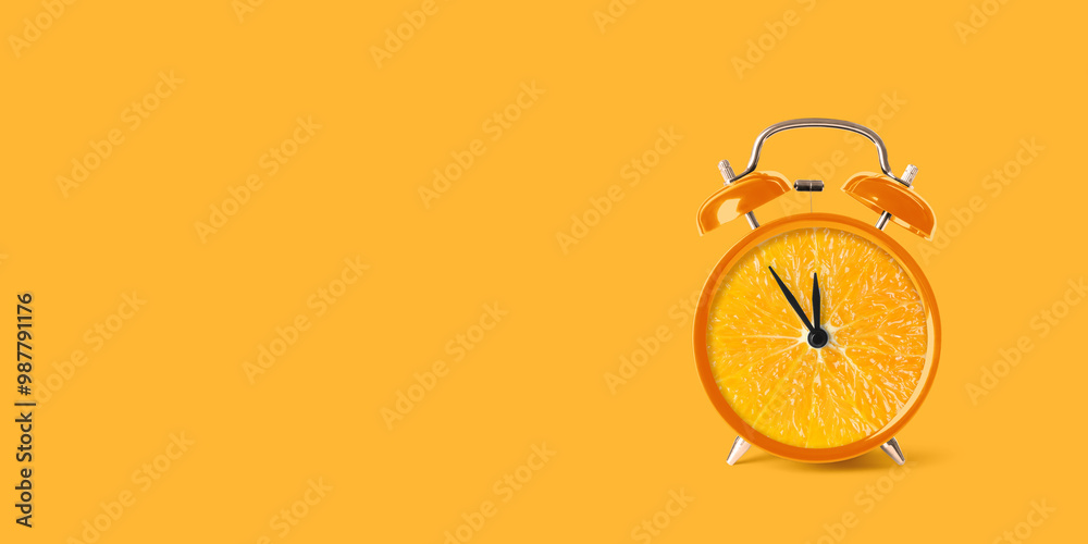 Juicy orange on alarm clock dial against orange background. Creative poster with space for text, banner design
