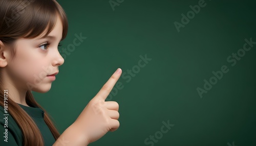 A young girl pointing his finger against a dark green background